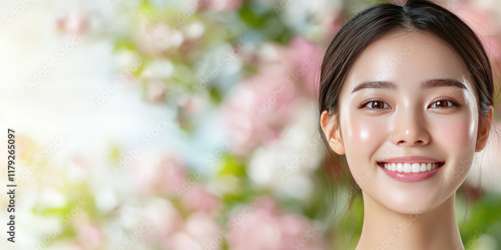 Nourishment brings complexion and radiance Concept. skincare enthusiast smiling with radiant complexion, surrounded by flowers Nourishment brings complexion and radiance Concept. skincare enthusiast smiling with radiant complexion, surrounded by flowers