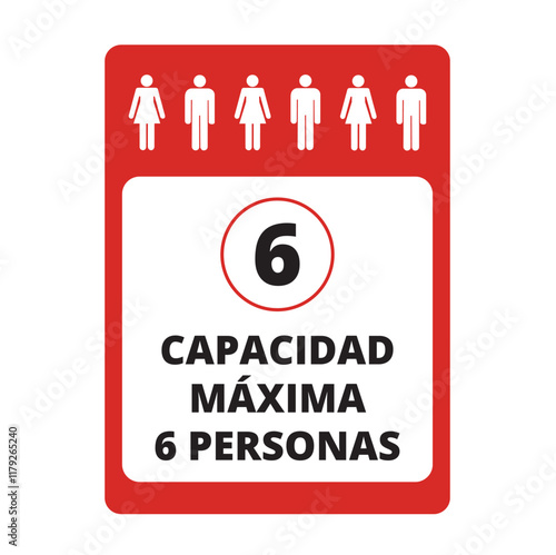 Red and white Capacidad maxima 6 personas banner on a white background (trad. maximum capacity 6 people)