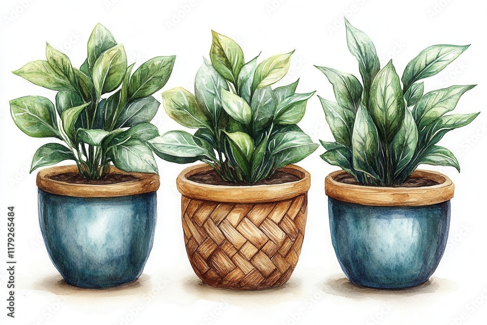 Three decorative potted plants in varying styles and textures. Three decorative potted plants in varying styles and textures.