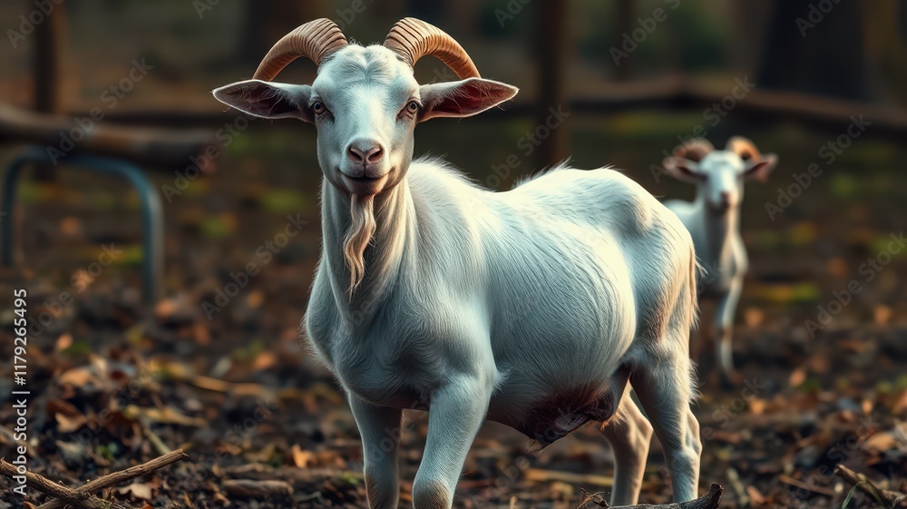 White goat stands on a forest floor surrounded by autumn leaves and a second goat in the background White goat stands on a forest floor surrounded by autumn leaves and a second goat in the background