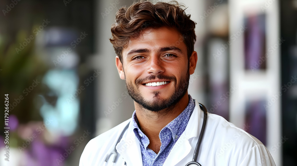 Portrait of a smiling young doctor with stethoscope confidently in a blurred background medical setting. Portrait of a smiling young doctor with stethoscope confidently in a blurred background medical setting.