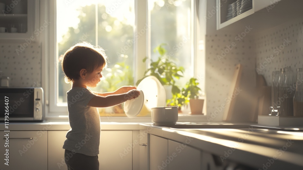 Toddler helping with housework, grey casual attire, white modern kitchen interior, sunlit window background, candid documentary style, dreamy natural lighting Toddler helping with housework, grey casual attire, white modern kitchen interior, sunlit window background, candid documentary style, dreamy natural lighting