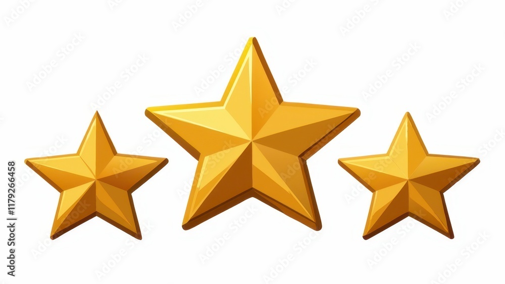 Obraz premium Three golden stars in varying sizes, representing achievement, excellence, or rating, set against a simple background.