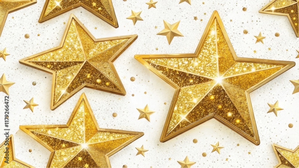 A vibrant pattern of golden glitter stars scattered on a white background, exuding a festive and celebratory feel. A vibrant pattern of golden glitter stars scattered on a white background, exuding a festive and celebratory feel.