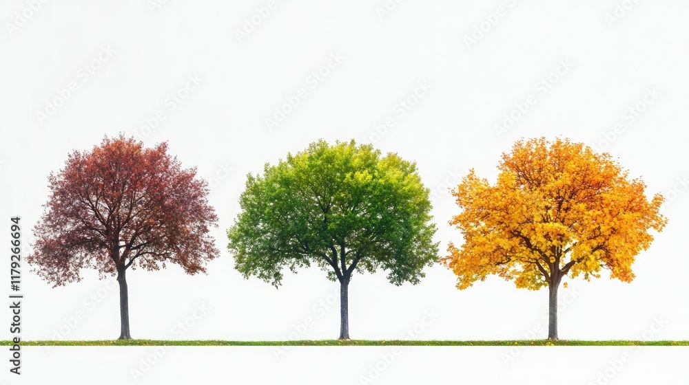 Naklejka premium Seasonal change: oak trees representing winter, spring, summer, and autumn, showcasing unique foliage colors.