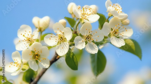 Blooming white cherry blossoms on a sunny spring day against blue sky.