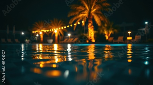 ): An extreme macro close-up of a swimming pool scene at night with warm fall hues and low contrast lighting, showing palm palms in the background, soft glowing lights reflecting in the water, and dee photo