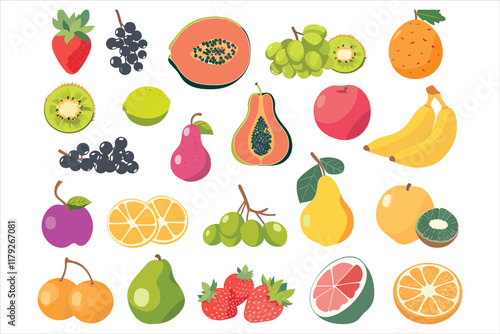 set of different fruits and berries Flat style vector illustration isolated on a white background