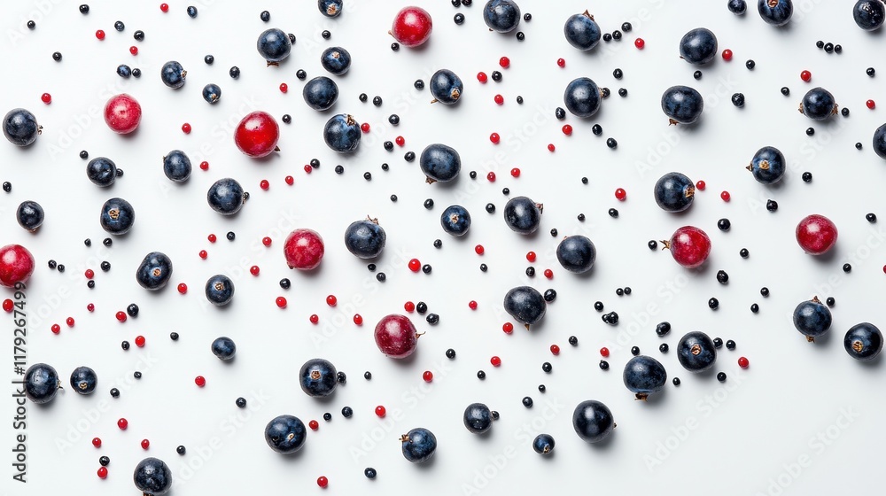 Scattered Blackcurrants and Redcurrants on White Background. Scattered Blackcurrants and Redcurrants on White Background.