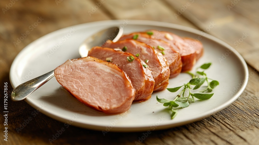 Cylindrical meat cuts on round white plate, rustic wooden table texture, silver dining spoon, authentic food styling, ambient lighting, close-up photography Cylindrical meat cuts on round white plate, rustic wooden table texture, silver dining spoon, authentic food styling, ambient lighting, close-up photography