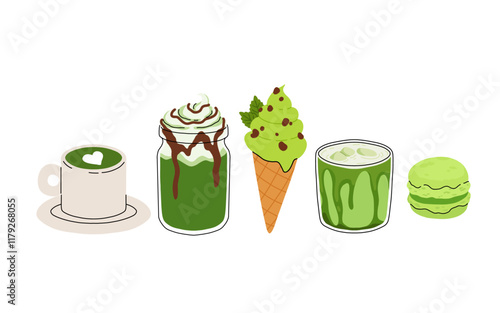 Matcha tea, latte, iced matcha. Vector set with japanese matcha desserts. Collection with mochi, cake and roll cake, pancakes, macaron, soft serve ice cream, matcha tart and cupcake with strawberry.