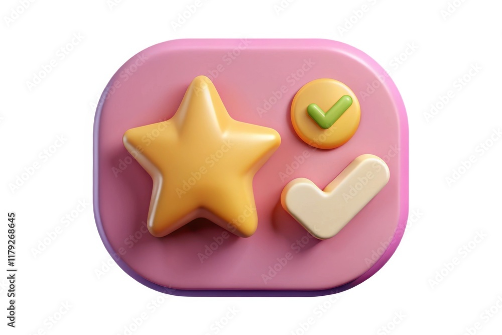 A playful, colorful icon featuring a star, a checkmark, and a circular tick symbol on a soft pink background. A playful, colorful icon featuring a star, a checkmark, and a circular tick symbol on a soft pink background.