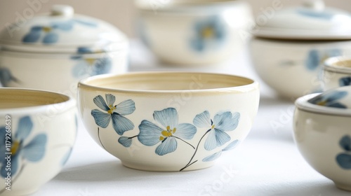 Wallpaper Mural Artisanal ceramic soup bowls with matching lids, hand-painted floral designs, royal dining collection, pale yellow and blue accents, white glazed finish, professional product composition, culinary Torontodigital.ca