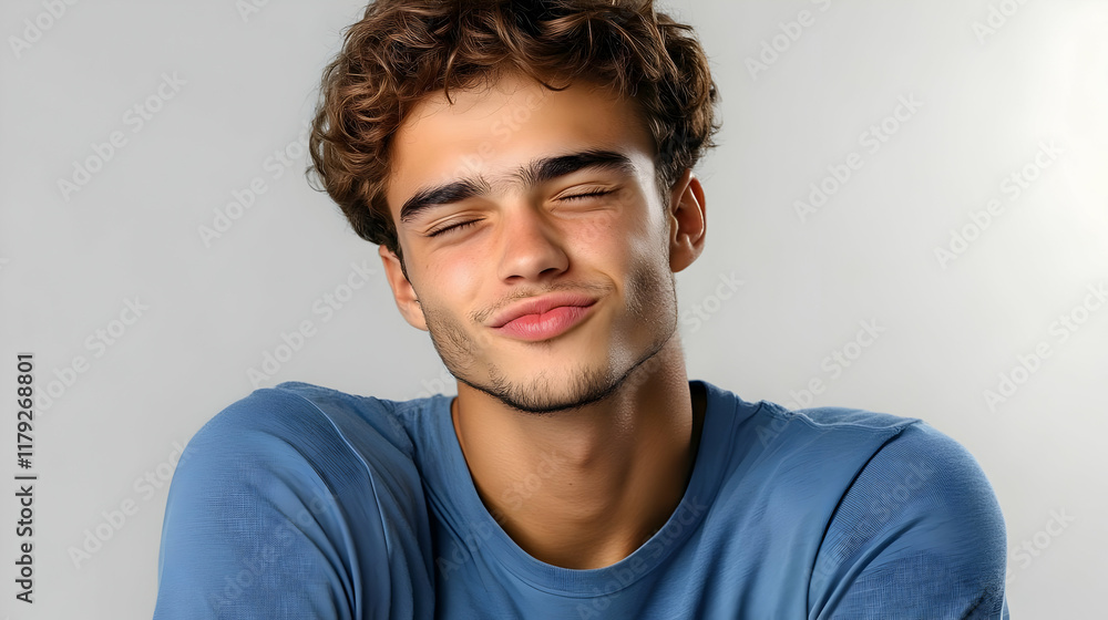 Fototapeta premium Young Man Closes Eyes and Puckers Lips in a Playful Expression Against a Neutral Background