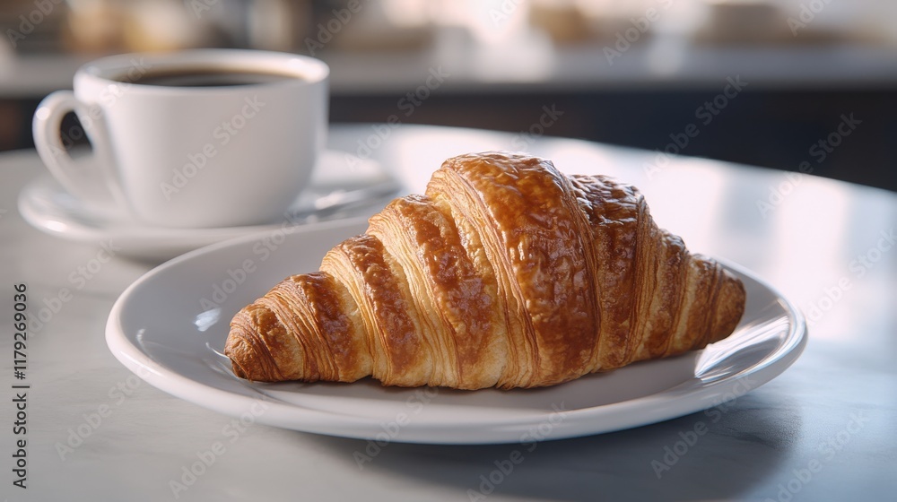 Golden Brown Croissant with Coffee in a White Cup Golden Brown Croissant with Coffee in a White Cup
