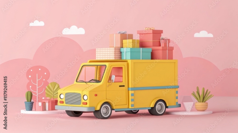 Obraz premium A vibrant yellow delivery truck loaded with colorful gift boxes, set against a soft pink backdrop with decorative plants and clouds.