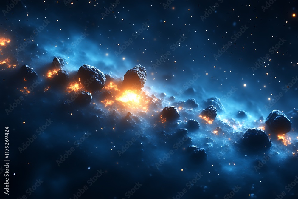 Fototapeta premium Fiery asteroids in a nebula.
