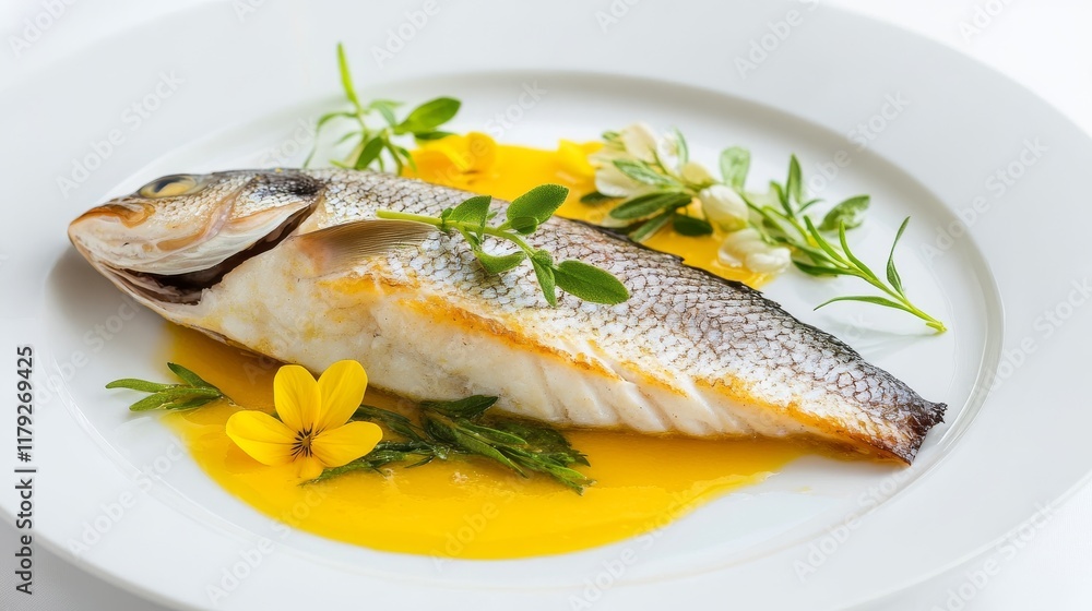 Artisanal fish preparation, seared sea fillet, orange sauce pool, seasonal edible flowers, fresh herbs garnish, minimalist fine dining aesthetic, high-key food photography, white porcelain plate Artisanal fish preparation, seared sea fillet, orange sauce pool, seasonal edible flowers, fresh herbs garnish, minimalist fine dining aesthetic, high-key food photography, white porcelain plate