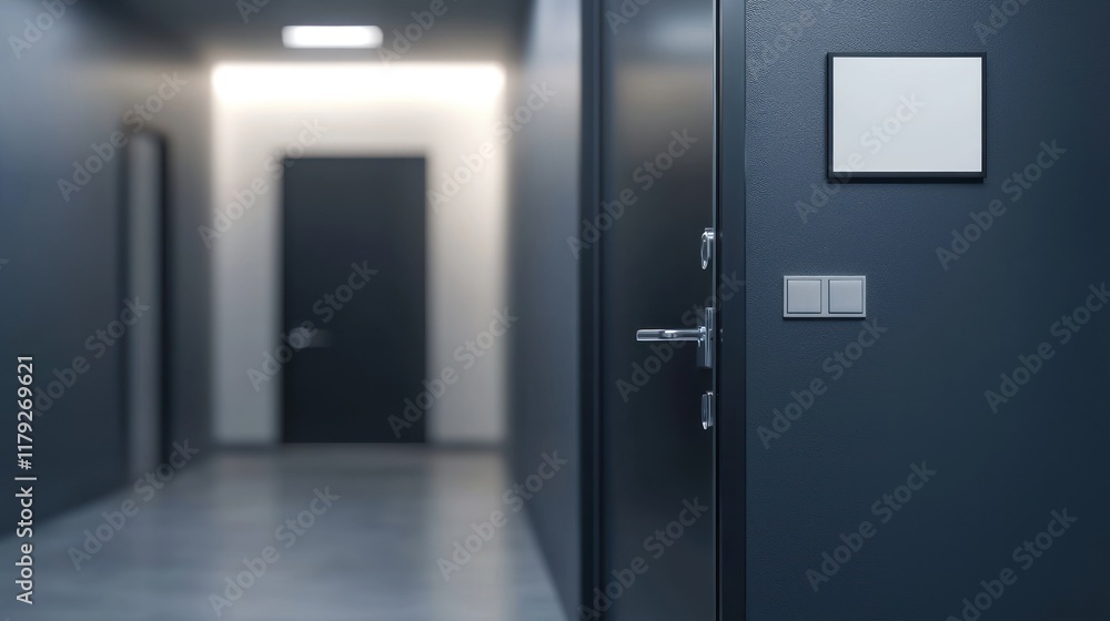 Modern Office Corridor with Dark Grey Walls and Minimalist Design Modern Office Corridor with Dark Grey Walls and Minimalist Design