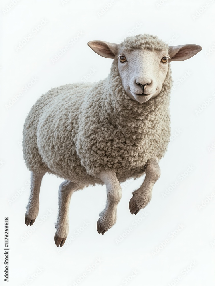 Fototapeta premium Fluffy sheep jumping mid-air against white background.