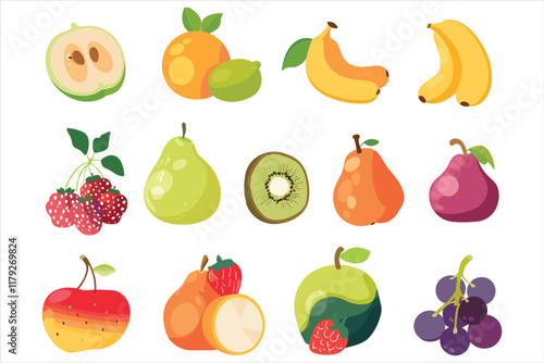 set of different fruits and berries Flat style vector illustration isolated on a white background