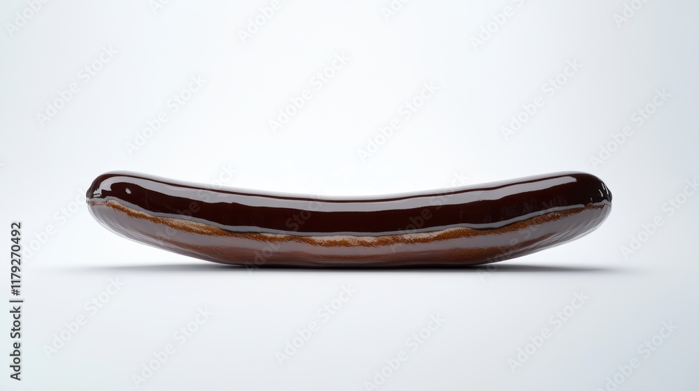 realistic photo of a French éclair with a glossy chocolate glaze and cream filling, displayed in the center of a clean white studio background. realistic photo of a French éclair with a glossy chocolate glaze and cream filling, displayed in the center of a clean white studio background.