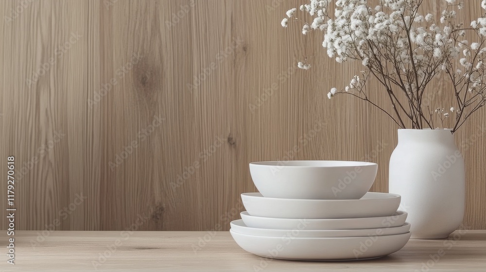 Pure white dining set arrangement, modern ceramic plates and bowls, sleek minimalist design, natural wood backdrop, clean aesthetic presentation, home decor photography Pure white dining set arrangement, modern ceramic plates and bowls, sleek minimalist design, natural wood backdrop, clean aesthetic presentation, home decor photography