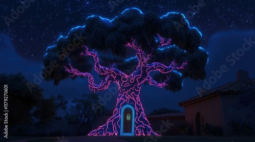 Enchanted Tree with Neon Glow and Mystical Doorway Under Starry Night Sky in Fantasy Landscape photo