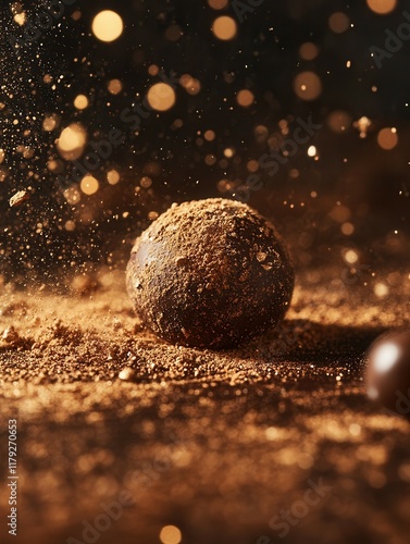 Luxurious gourmet chocolate truffle with cocoa dust in dramatic close-up. photo