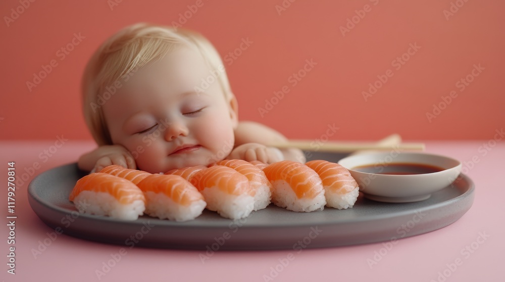 Artisanal sushi plating, gray ceramic plate, assorted fresh nigiri, soy sauce bowl, bamboo chopsticks, pastel pink backdrop, minimal food photography Artisanal sushi plating, gray ceramic plate, assorted fresh nigiri, soy sauce bowl, bamboo chopsticks, pastel pink backdrop, minimal food photography