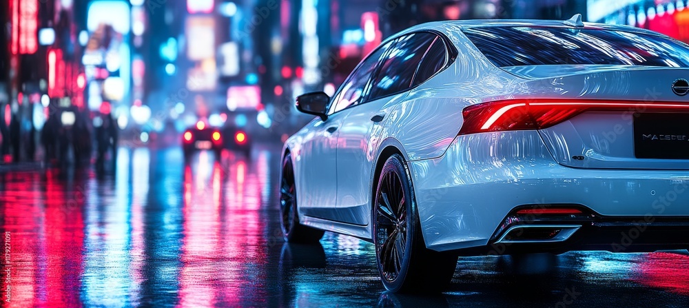 White Sedan in a Futuristic Cityscape Reflection of Neon Lights on a Polished Car Surface White Sedan in a Futuristic Cityscape Reflection of Neon Lights on a Polished Car Surface