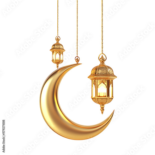 3d render Crescent moon and lantern decorations on transparent background. golden hanging lantern png, gold lantern png, arabic lantern png