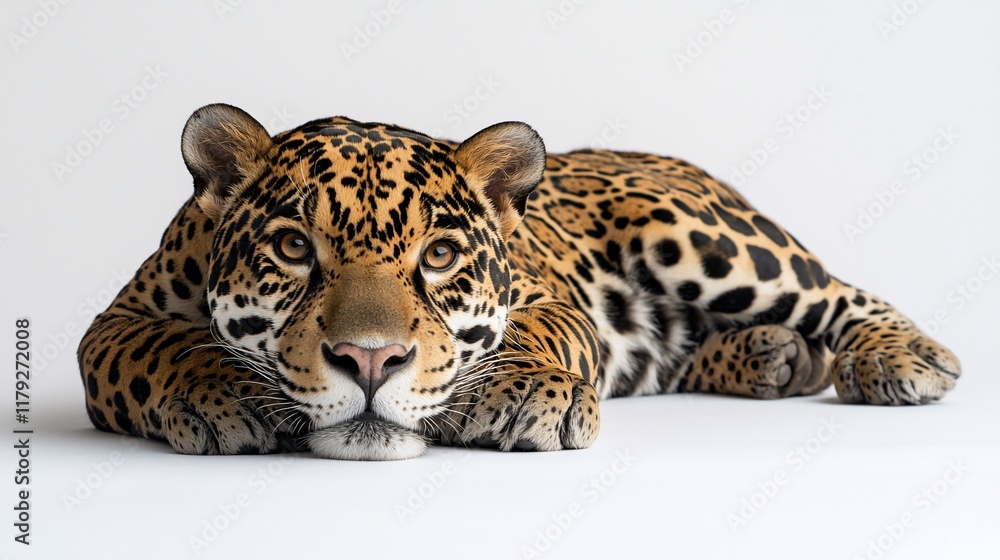 Obraz premium Reclining jaguar on white background.