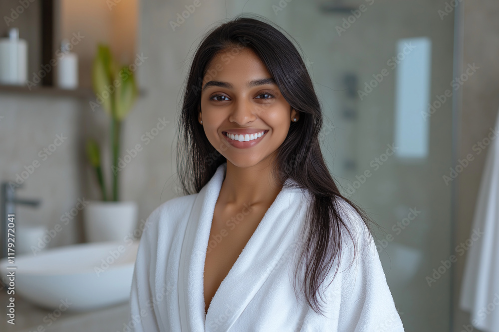 A woman is smiling in a bathroom with a white robe and a potted plant A woman is smiling in a bathroom with a white robe and a potted plant