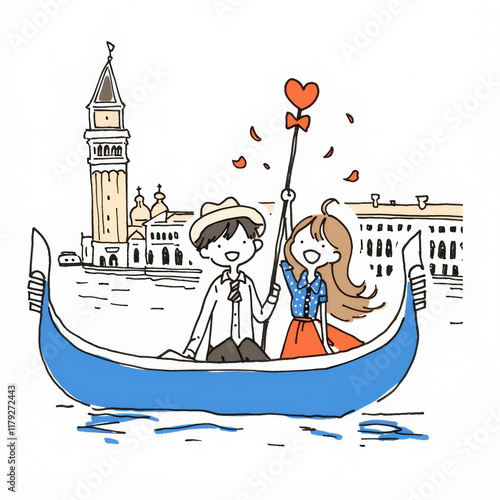 couple enjoys romantic gondola ride in Venice, holding heart shaped balloon