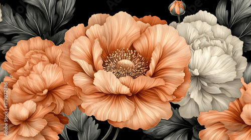 Wallpaper Mural Elegant Floral Illustration with Orange and White Poppies on Black Background with Detailed Petals Torontodigital.ca