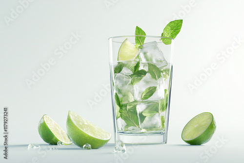 Glass of tasty refreshing cocktail on white background.Mojito cocktail.lime and a mint leaf
 photo