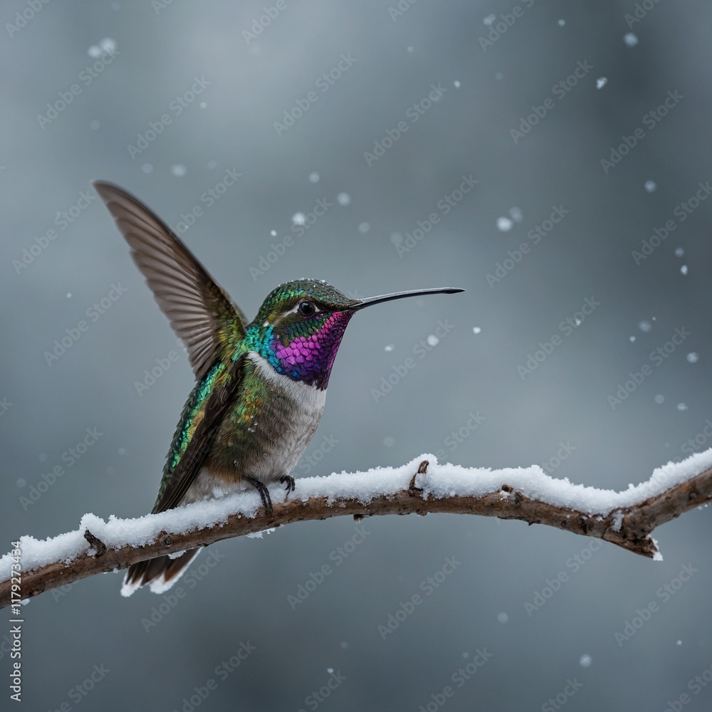 Fototapeta premium A hummingbird in a winter setting, its iridescent body stark against a snowy branch.