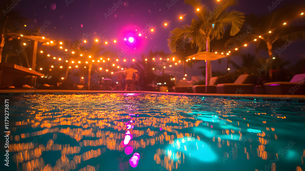 Fototapeta premium Swimming Pool Reflects Vibrant Party Lights at Night with Palm Trees
