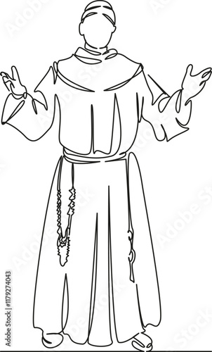 One continuous single drawing line art flat doodle monk; clergyman; catholic; church; service; faith. Isolated image hand draw contour on a white background, hand drawn, not AI