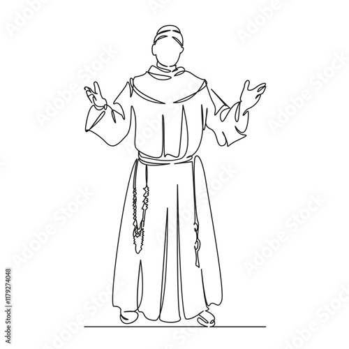 One continuous single drawing line art flat doodle monk; clergyman; catholic; church; service; faith. Isolated image hand draw contour on a white background, hand drawn, not AI