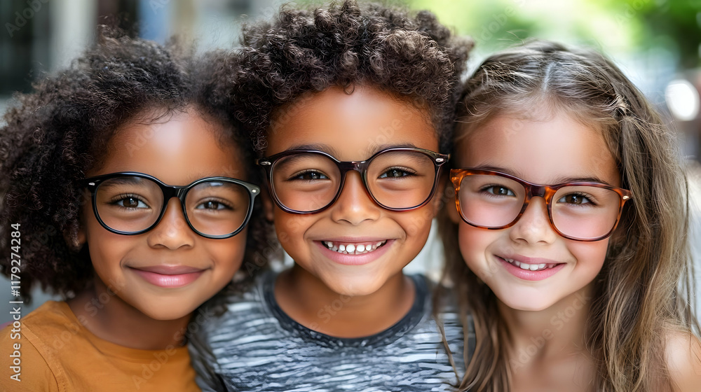 Three Diverse Children Smiling Brightly Together Outdoors Three Diverse Children Smiling Brightly Together Outdoors