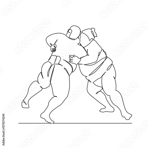 One continuous single drawing line art flat doodle sumo, fight between two sumo wrestlers, sport, religion, betting, japan. Isolated image hand draw contour on a white background, hand drawn, not AI