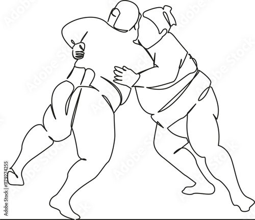 One continuous single drawing line art flat doodle sumo, fight between two sumo wrestlers, sport, religion, betting, japan. Isolated image hand draw contour on a white background, hand drawn, not AI