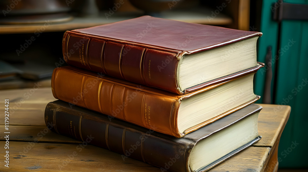 Three Leather-Bound Books Stacked Neatly on a Rustic Wooden Table in a dimly lit room
