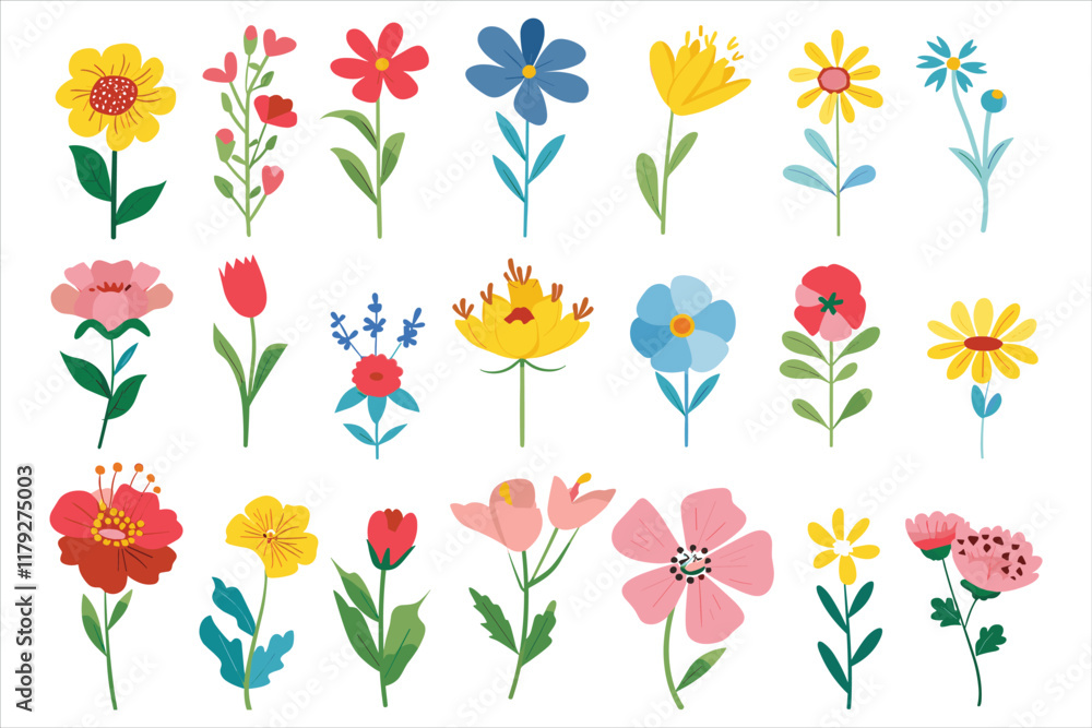Obraz premium set of colorful flowers vector Flat style cartoon vector illustration isolated on a white background