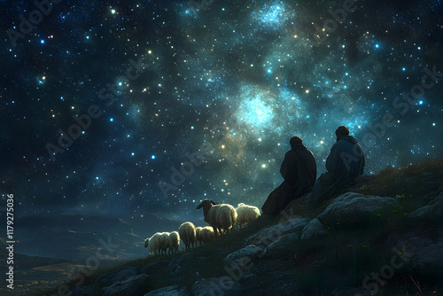 Shepherds watching flocks under a starry sky in a divine apparition photo