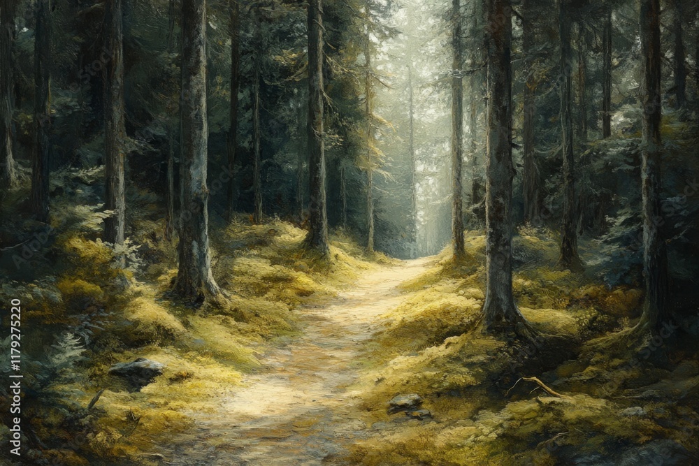Obraz premium Lush forest floor covered in moss with sunlight streaming through tall trees