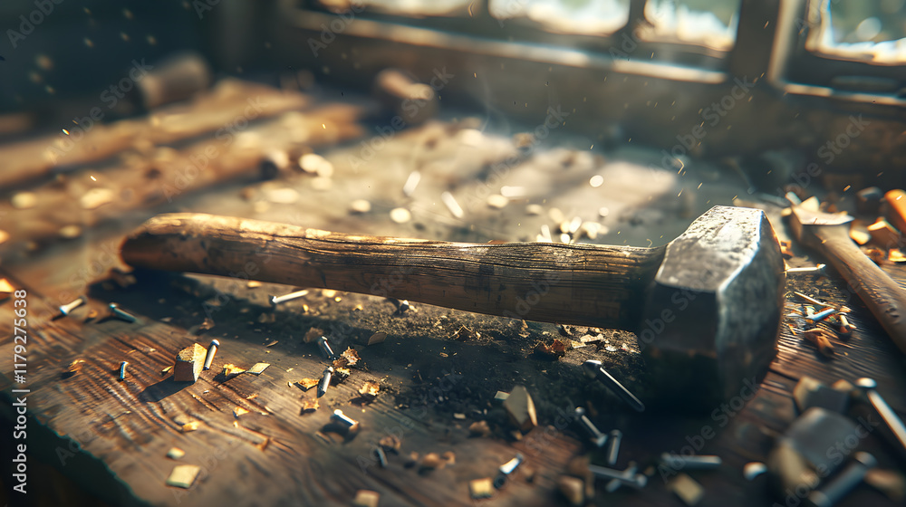 A Well-Worn Hammer Resting on a Workbench Amidst Nails and Wood Shavings, Bathed in Warm Sunlight