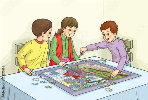 Kids putting together a puzzle. Kids looking for puzzle pieces.